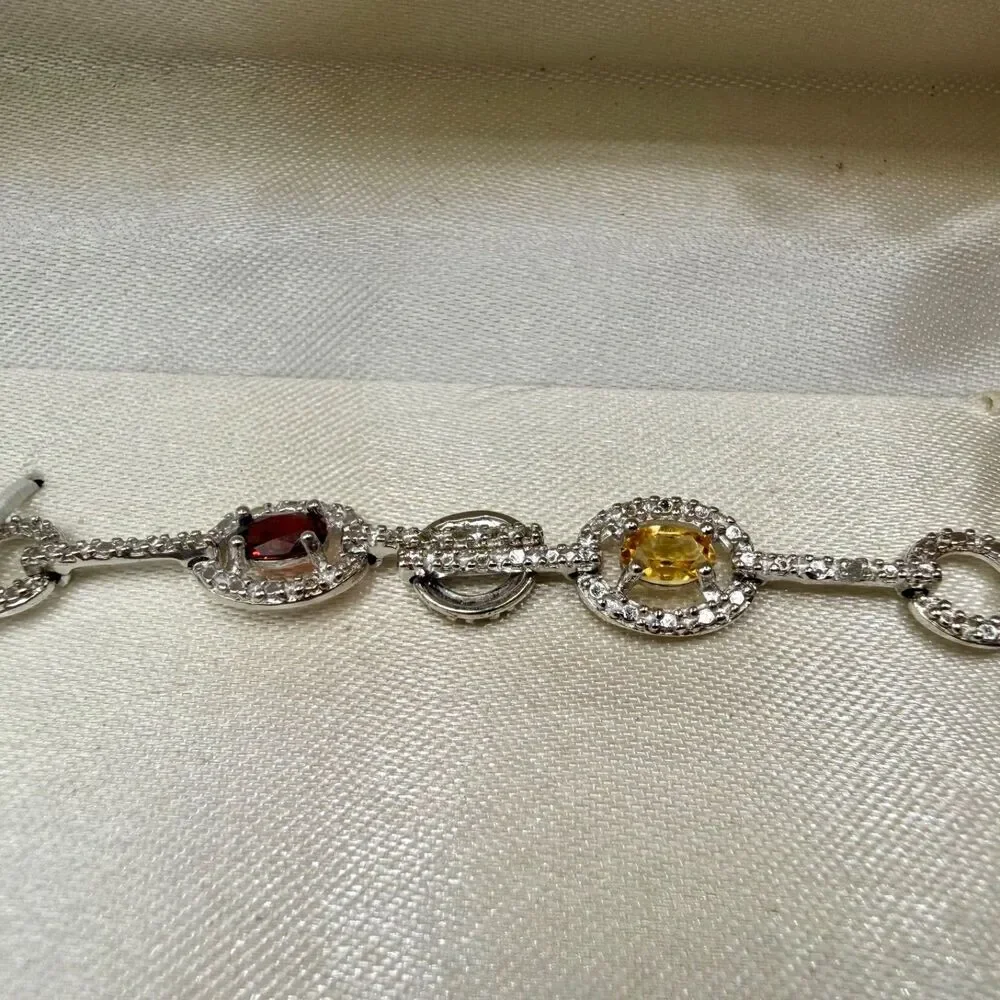 925 Sterling Silver Genuine Multi Gemstone Tennis Bracelet Blue Topaz Garnet NOS